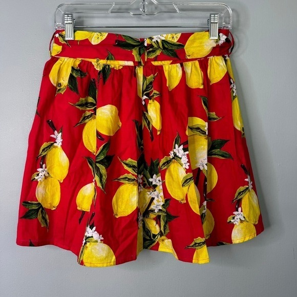 Lulumari Tie Belted Red Lemon Print Button Front Mini Skirt Women's Sz M Pockets - Picture 10 of 12